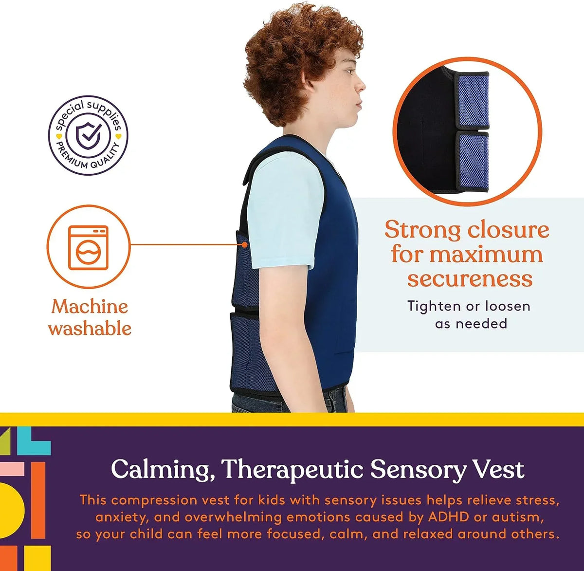 Special Supplies Weighted Sensory Compression Vest for Kids with Processing Disorders, ADHD, and Autism, Calming and Supportive with Adjustable Weight Fit (Large 24x42 inches)