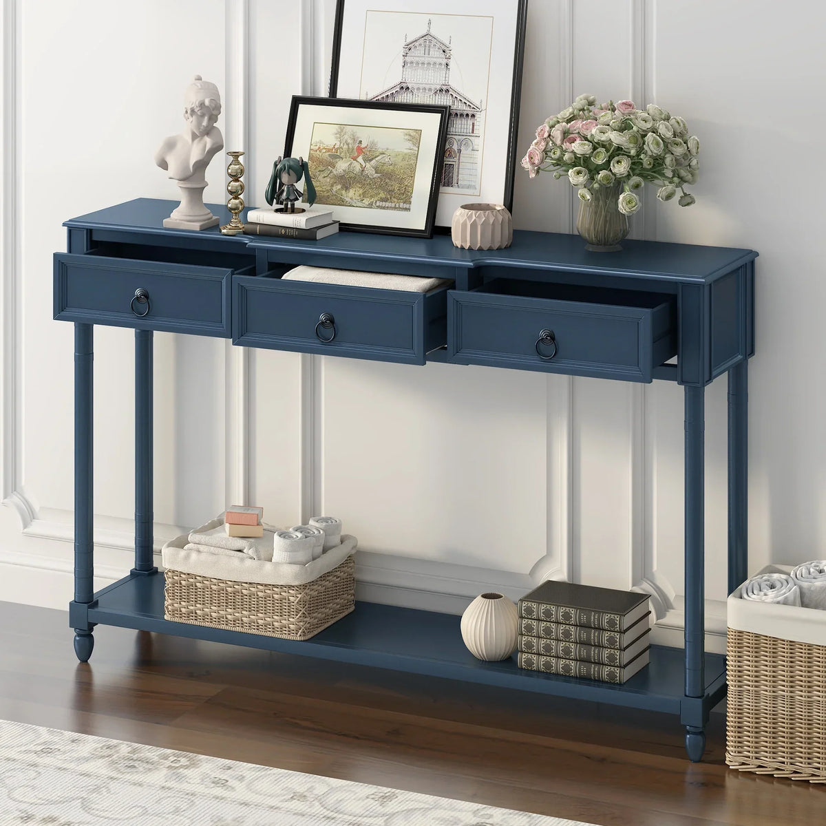 Console Table Sofa Table with Drawers for Entryway with Projecting Drawers and Long Shelf (Antique Navy, OLD SKU: WF189574AAM)