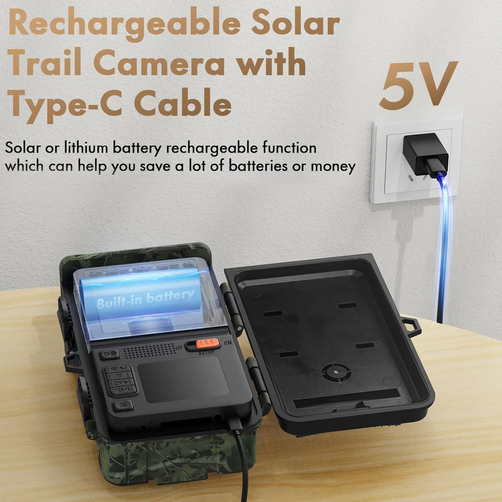 CAMPARK Solar Trail Camera 24MP 1080P Game Camera with 2500mAh Built-in Lithium Battery Rechargeable Night Vision Waterproof IP66 Motion Activated 0.1s Trigger Speed 120°Wide Angle Hunting Cam