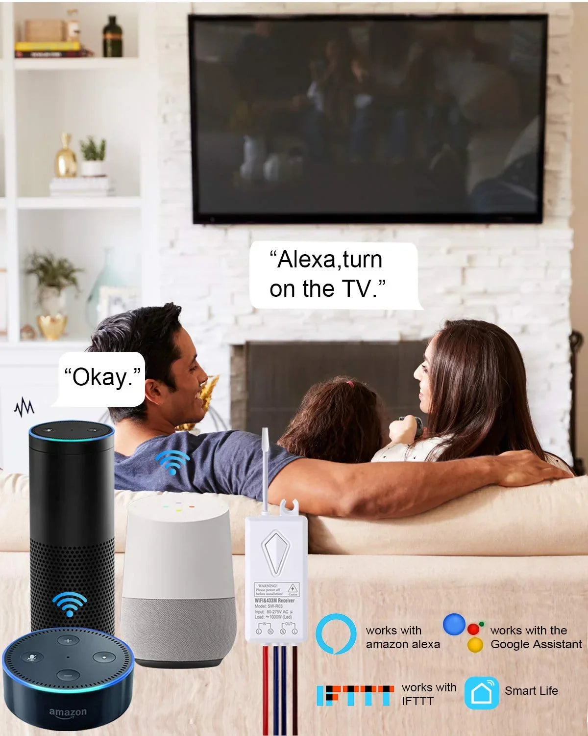 Smart Light Switch - Thinkbee 2.4Ghz WiFi Wireless Light Switch kit, Compatible with Alexa, Google Assistant and IFTTT, Outdoor 1969ft Indoor 164ft Remote Control, No Hub Required, Ceiling LED Lamp