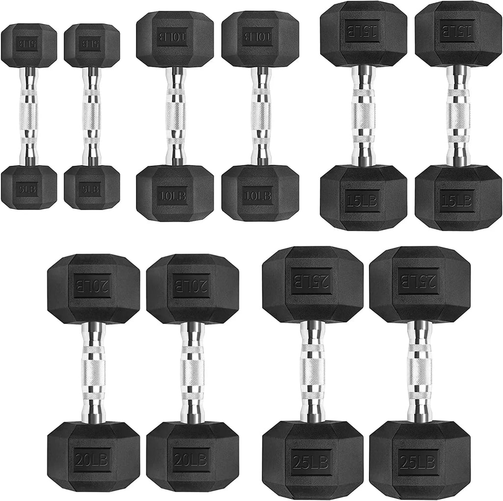 150 Pound Hex Dumbbell Set with Rubber Coated Dumbbells and Rack