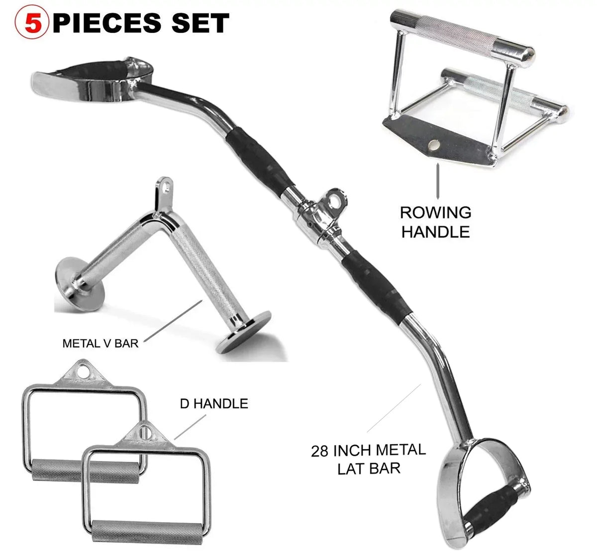 Fitness Maniac 5-Piece tricep pull down cable attachment machine attachments for gym exercise handle triceps tricept accessories home men bar pushdown workout