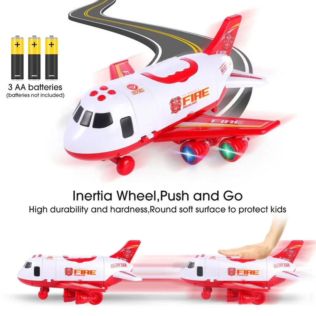 SHANNA Airplane Toy Fire Truck Playset with Music and Lights, Transformable Airplane Storage Cart, 3-6 Years Old Boys and Girls Birthday Christmas Gift (Red)