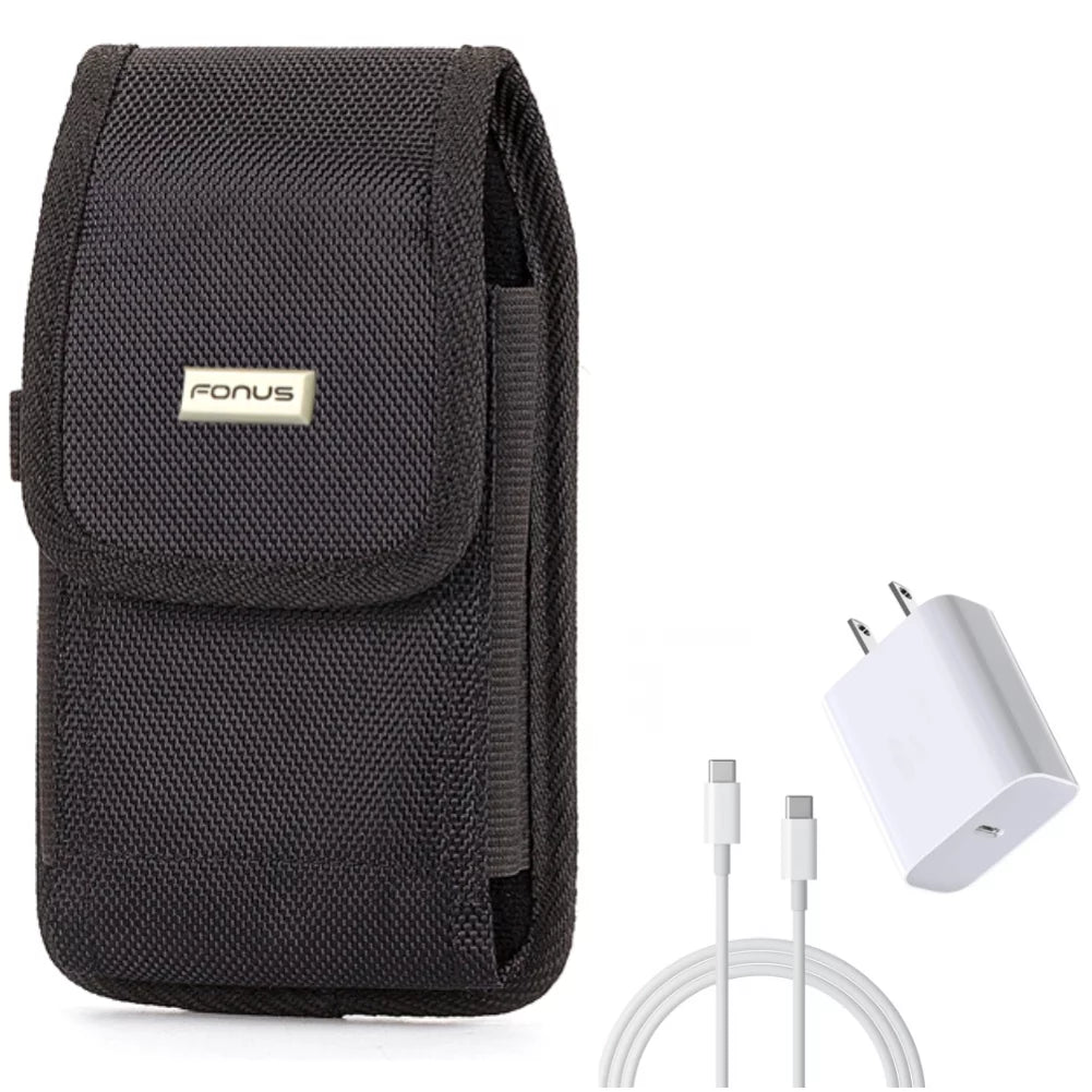 6ft USB-C Cable PD Type-C 18W Fast Home Charger w Holster Rugged Case Belt Clip for LG K92 5G, Harmony 4 - Lively Jitterbug Smart3 - Motorola One Zoom, Moto Z4 Z3 Play Z2 Play Force