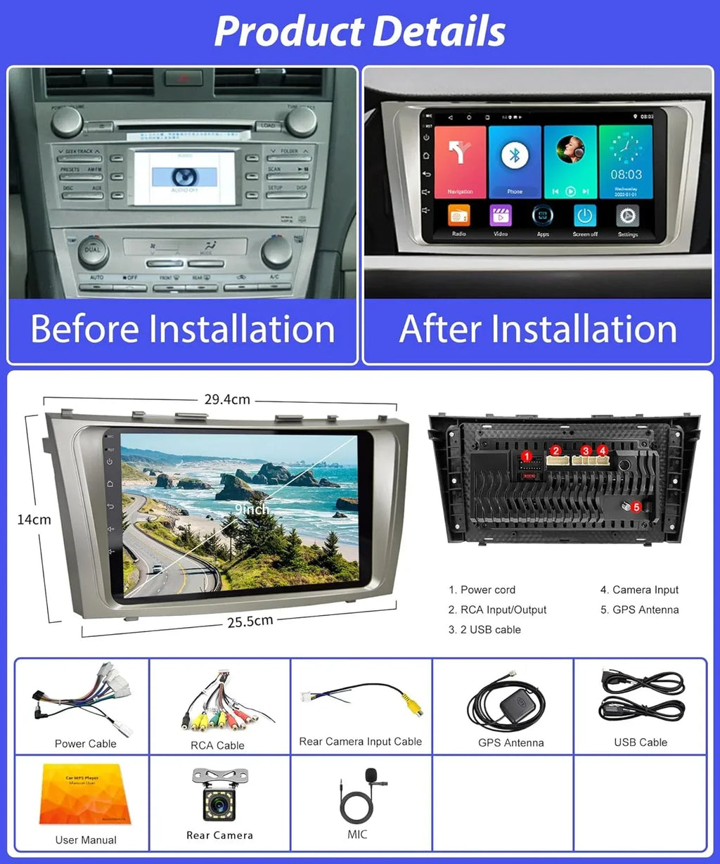 THONZER 2G+32G  Carplay Android Car Stereo for Toyota Camry 2006-2011, 9 Inch Touch Screen Android Auto Car Radio Bluetooth GPS Navigation WiFi SWC FM USB Camry Radio + Backup Camera