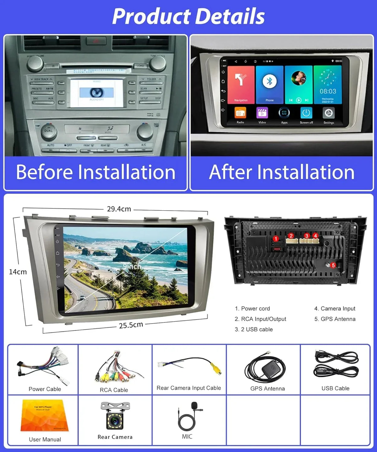 THONZER 2G+32G  Carplay Android Car Stereo for Toyota Camry 2006-2011, 9 Inch Touch Screen Android Auto Car Radio Bluetooth GPS Navigation WiFi SWC FM USB Camry Radio + Backup Camera