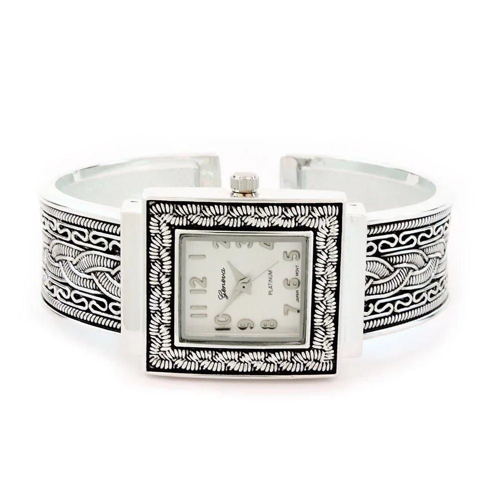 Silver Metal Western Style Decorated Square Face Women's Bangle Cuff Watch