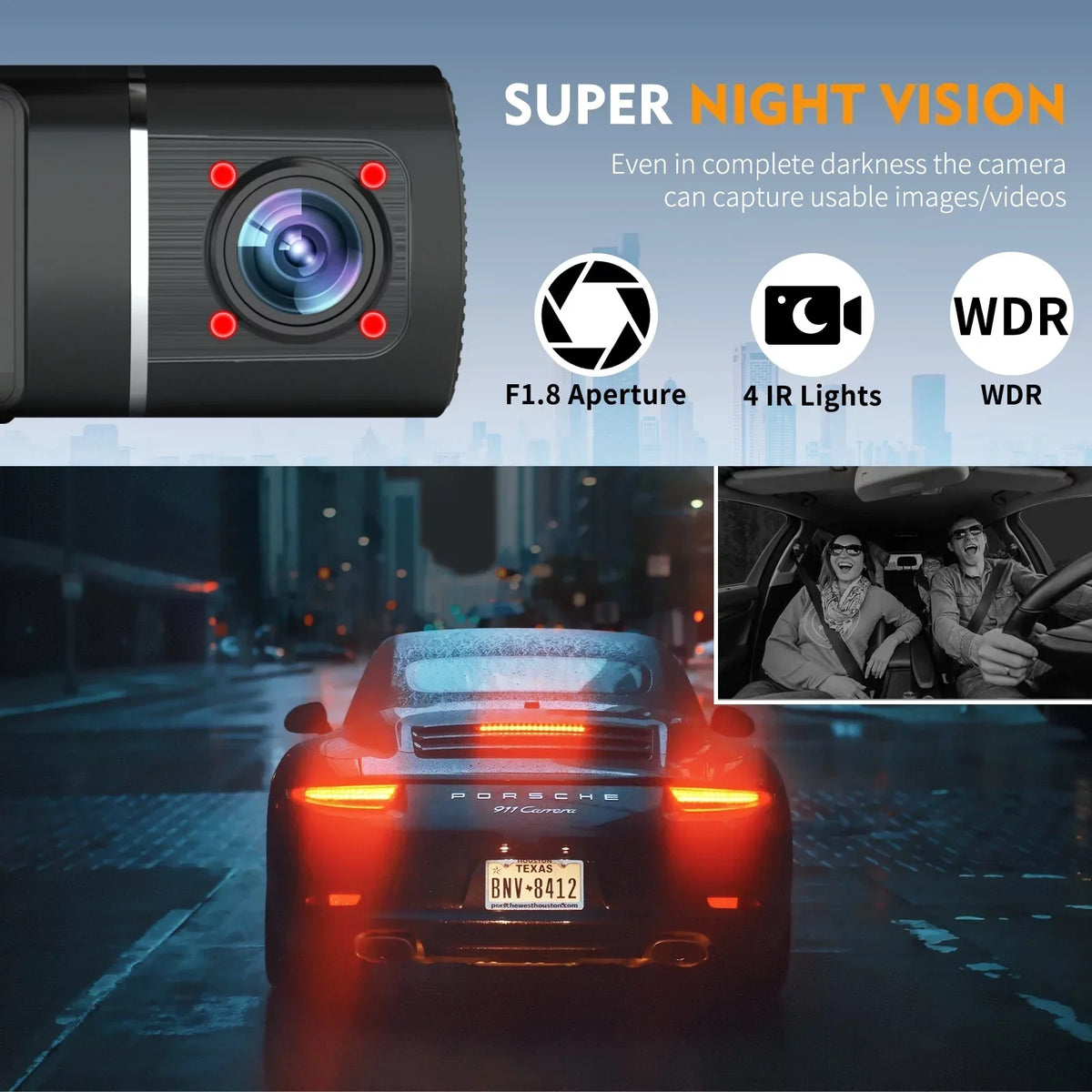 Abask J05 PRO DashCam 4K WiFi - Car Camera Front and Inside with Infrared Night Vision, 24H Parking Monitoring, Motion Sensor, 310° Wide Angle, G-Sensor, Loop Recording, HDR, Up to 128 GB