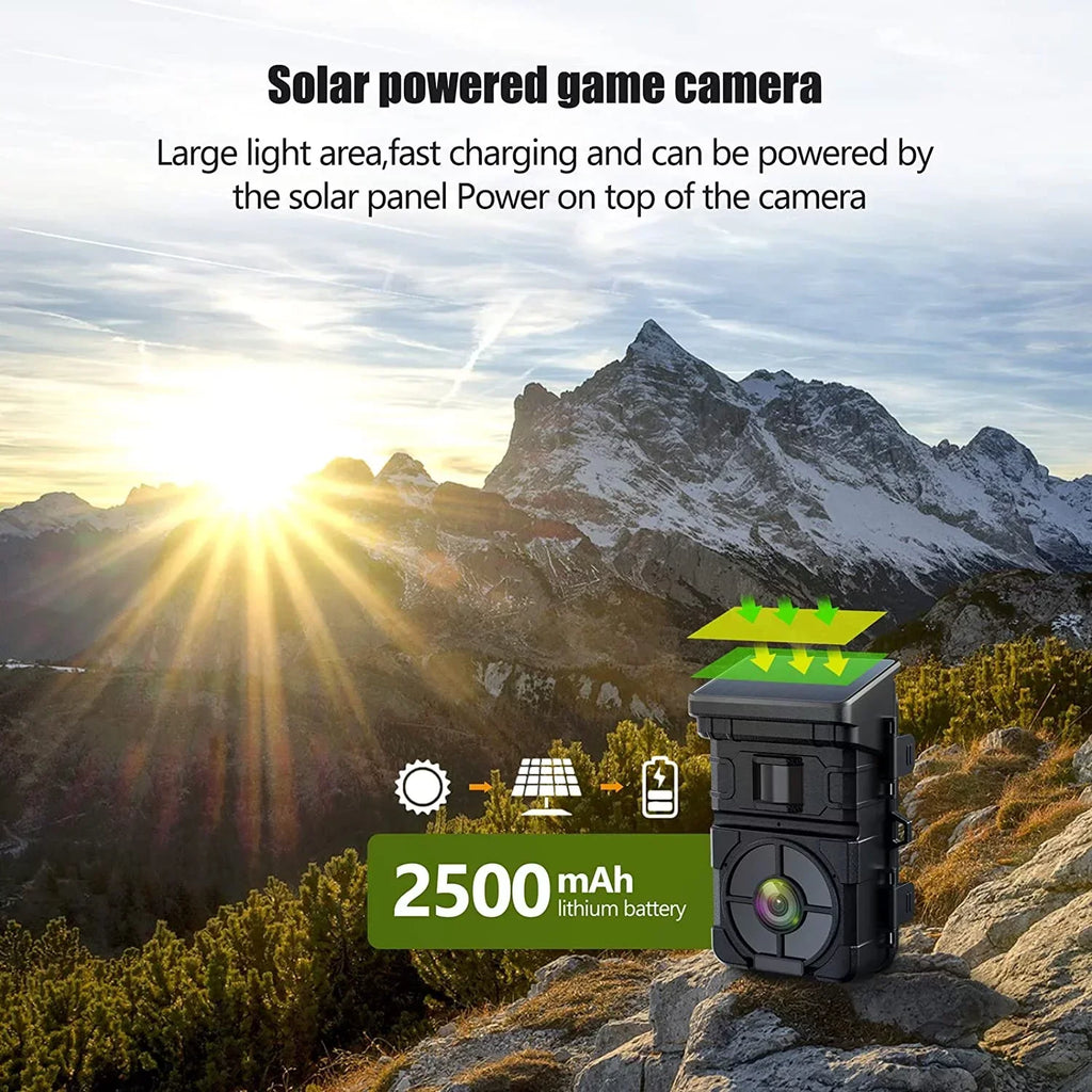 CAMPARK Solar Trail Camera 24MP 1080P Game Camera with 2500mAh Built-in Lithium Battery Rechargeable Night Vision Waterproof IP66 Motion Activated 0.1s Trigger Speed 120°Wide Angle Hunting Cam