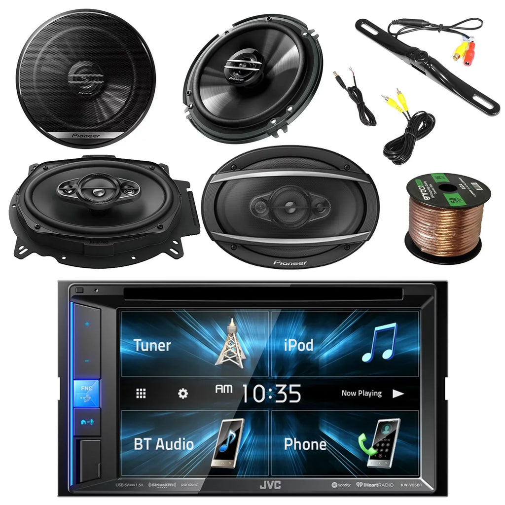 JVC KWV140BT 2DIN BT Car Stereo Receiver, touchscreen with Pyle License Plate Mount Rear View Color Camera, Pioneer 6.5" 2-Way SPKR 250W, Pioneer 6"x9" 420W 3-Way SPKR & Enrock 16G 50' SPKR Wire