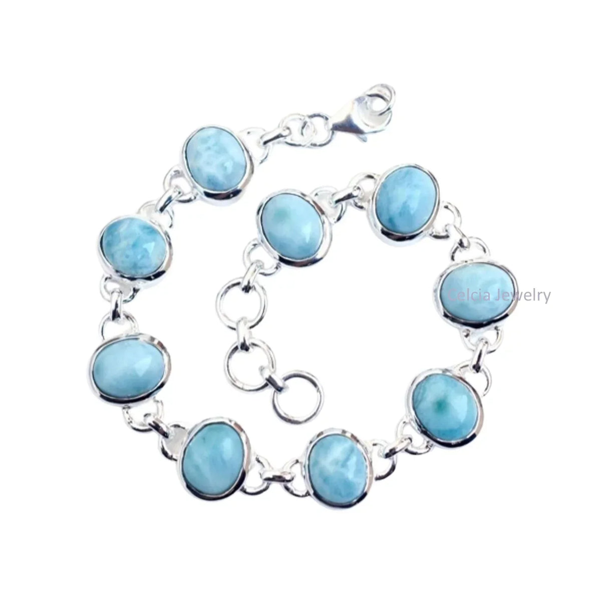 Solid 925 Sterling Silver Bracelet For Men Women, Genuine Oval Blue Larimar Multiple Gemstone Unique Handcrafted Bracelet For Her Him