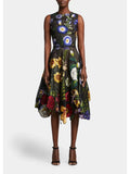 OSCAR DE LA RENTA Womens Black Zippered Belted Sheer Lined Handkerchief Hem Floral Sleeveless Round Neck Midi Fit + Flare Dress 8