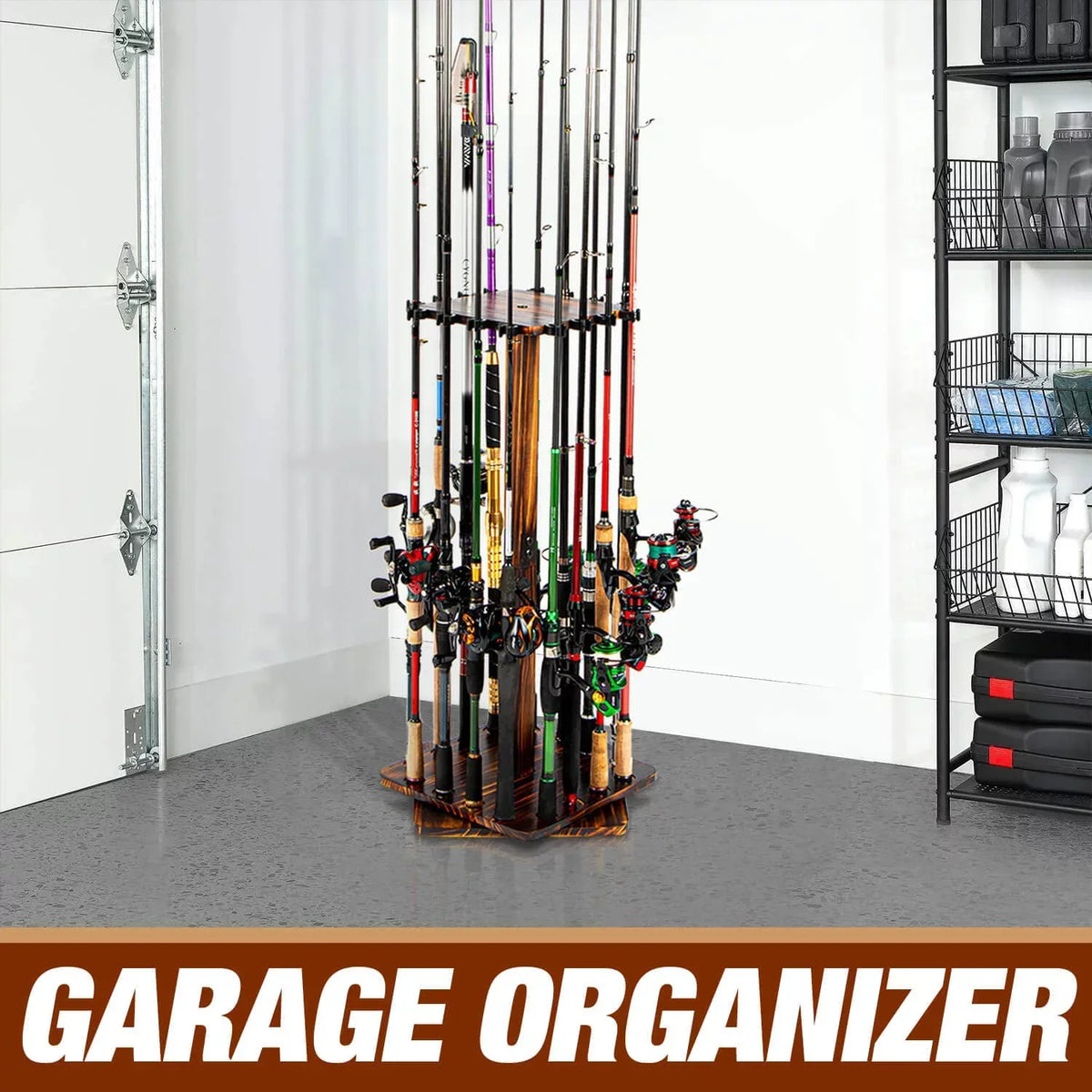 Ghosthorn Fishing Rod Pole Holders for Garage 360 Degree Rotating , Holds up to 16 Rods  Wood  Fishing Gifts for Men