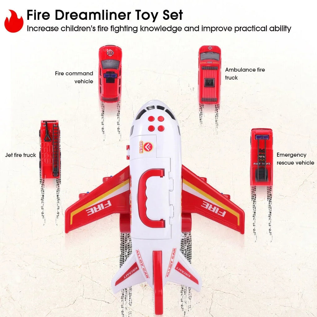 SHANNA Airplane Toy Fire Truck Playset with Music and Lights, Transformable Airplane Storage Cart, 3-6 Years Old Boys and Girls Birthday Christmas Gift (Red)