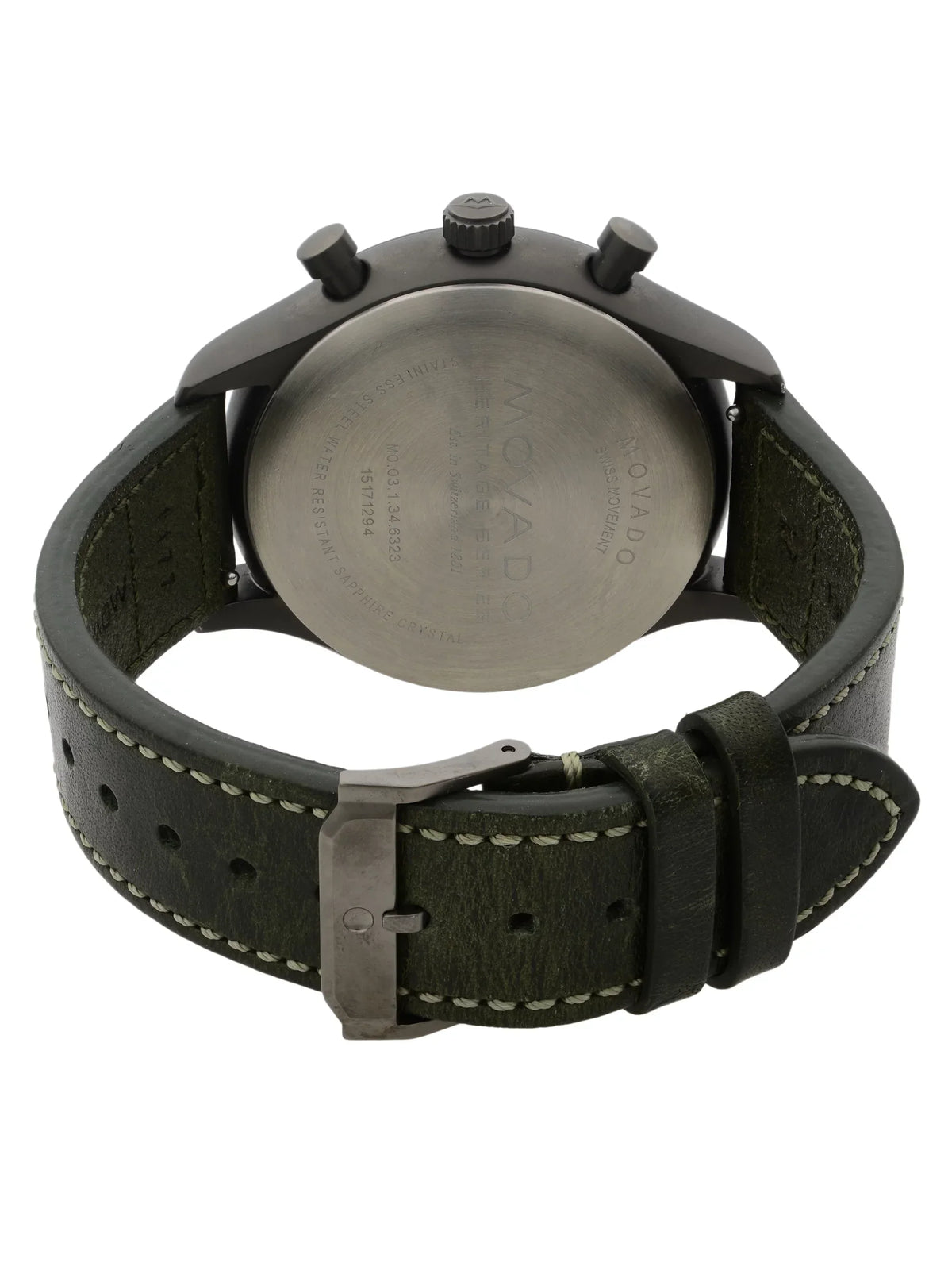 Movado Heritage Gunmetal Steel Green Leather Black Dial Quartz Watch 3650029 Pre-Owned