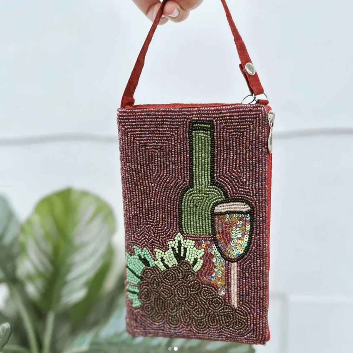 Red Wine Lovers Club Bag Beaded Phone Crossbody, Merlot