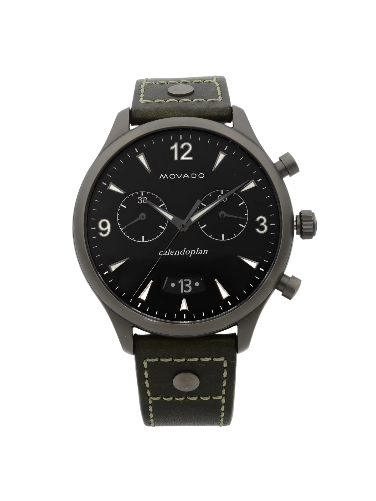 Movado Heritage Gunmetal Steel Green Leather Black Dial Quartz Watch 3650029 Pre-Owned
