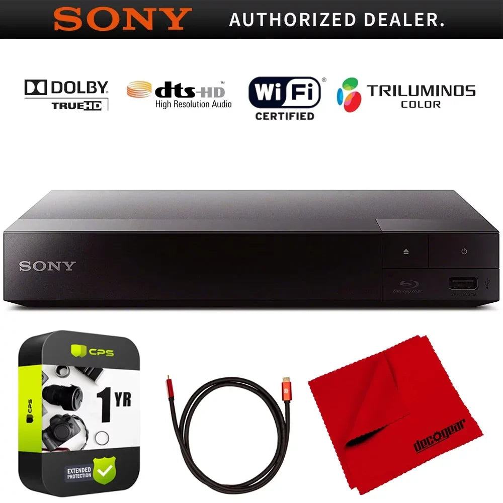 Sony Streaming Blu-Ray Disc Player with WiFi - BDP-BX370 Bundle With Deco Gear 6 ft High Speed HDMI 2.0 Cable and Microfiber TV Screen Cloth