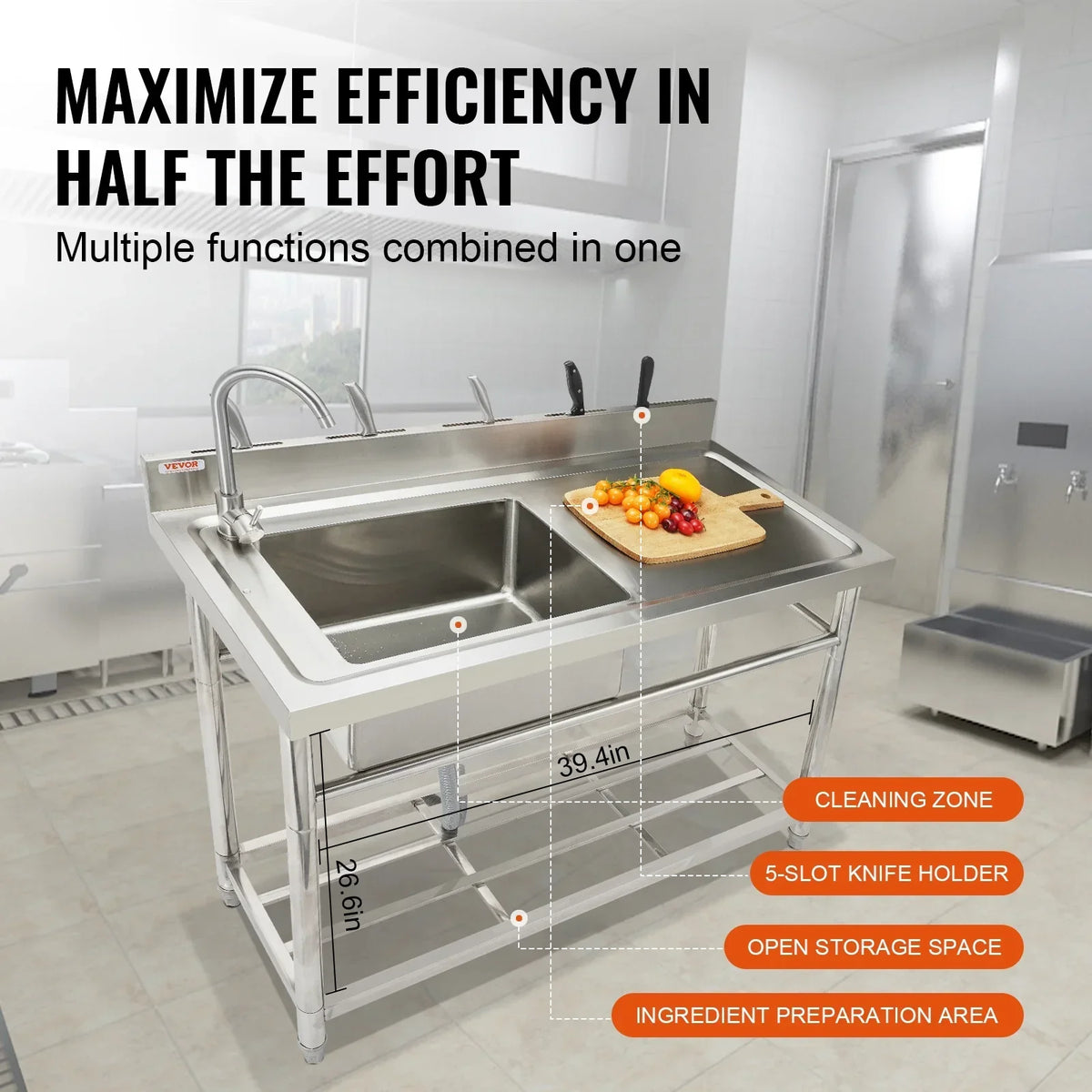BENTISM Stainless Steel Utility Sink Single Bowl w/Workbench 39.4 x 19.1 x 37.4 in