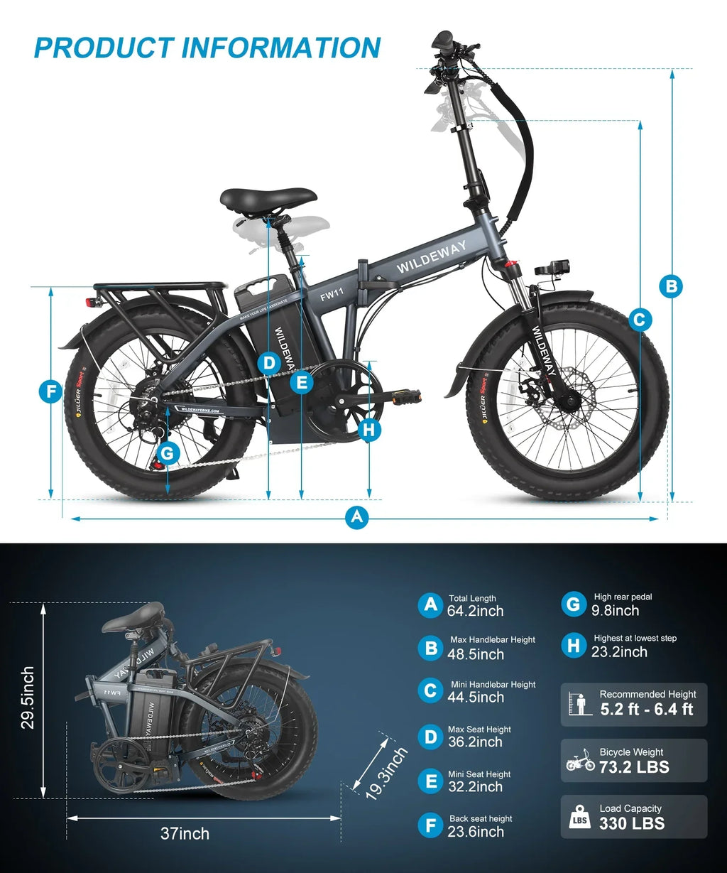 Wildeway Folding Electric Bicycle for Adults ,750w Motor，48v 32ah Removable Battery , 7 Speeds, 20×3.0 Fat Tire Snow Mountain Beach City Ebike