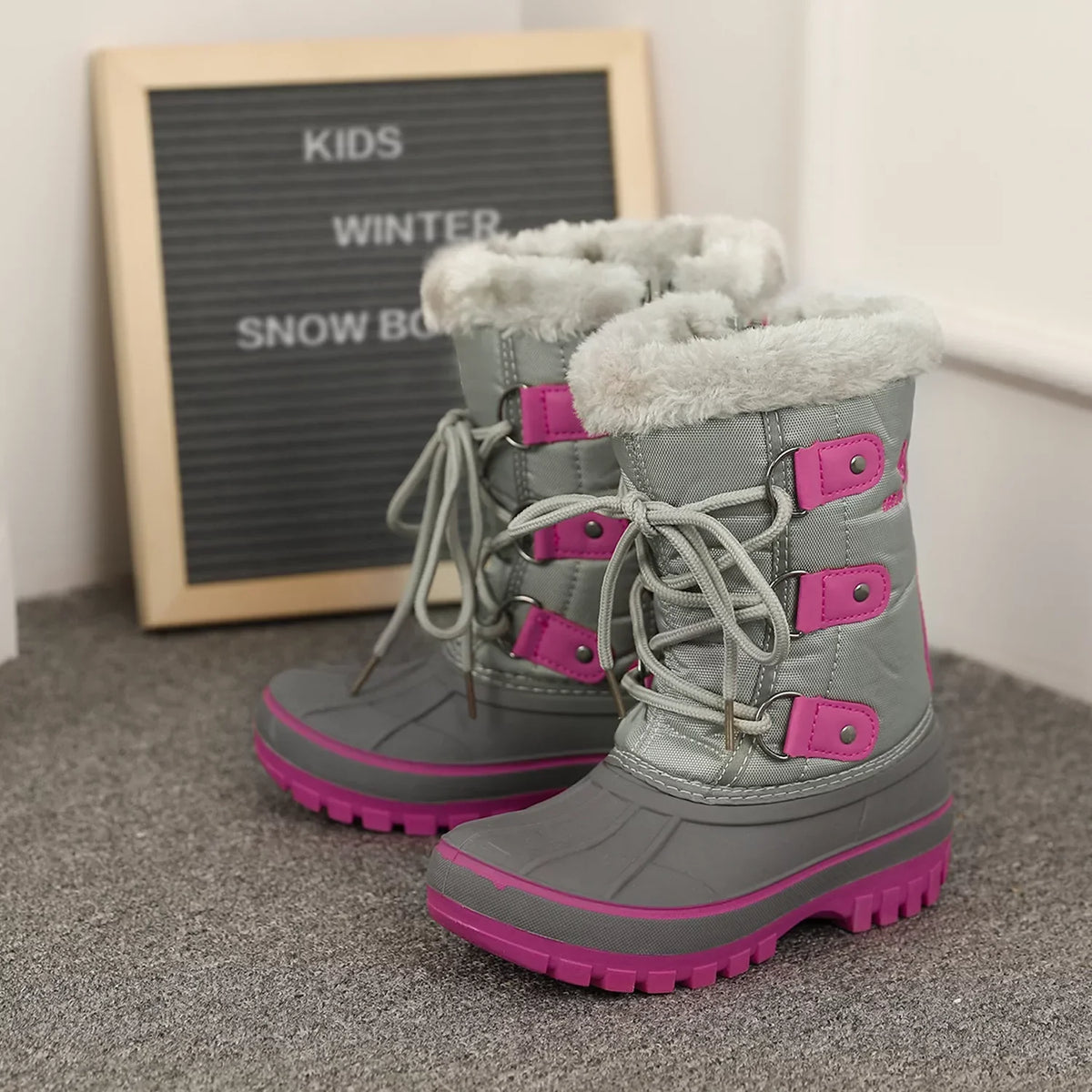 Dream Pairs Boys Girls Toddler Kids Ankle Winter Snow Boots Faux Fur-Lined Soft Boots Shoes Warm FORESTER GREY/FUCHSIA Size 11 little kid