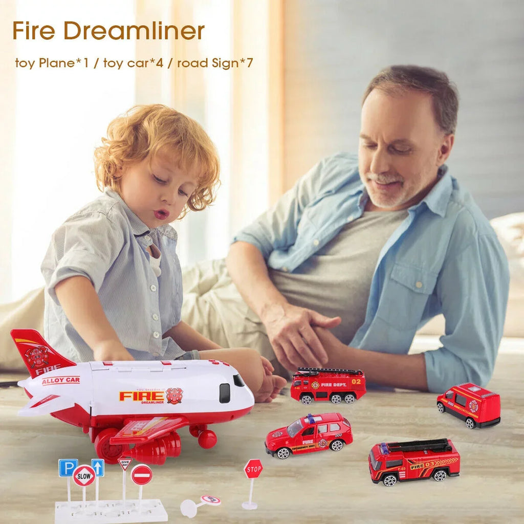 SHANNA Airplane Toy Fire Truck Playset with Music and Lights, Transformable Airplane Storage Cart, 3-6 Years Old Boys and Girls Birthday Christmas Gift (Red)