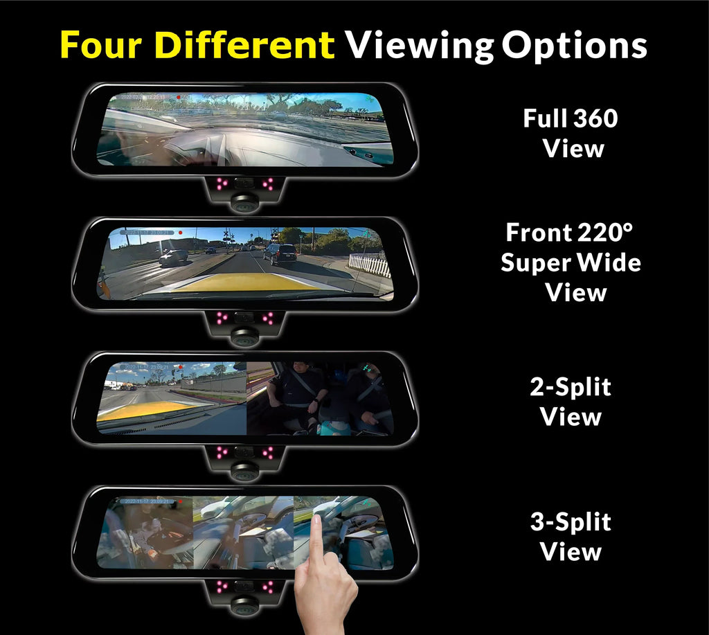 RYDEEN 360 View Surround View 4K Dash Camera 10-inch Touchscreen Frameless Rearview Mirror with TFT Monitor w/ Auto Brightness Day/Night, DIY Install, Backup Video-in